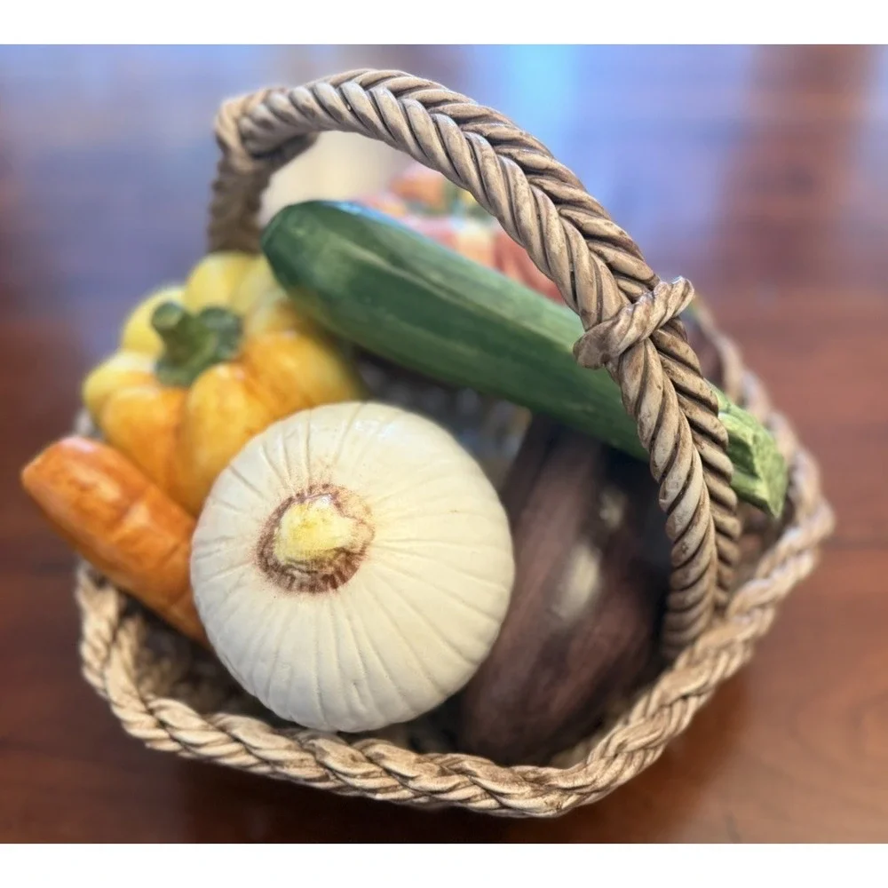 Vintage Italian Ceramic Rope Basket Vegetable Centerpiece Tomato Eggplant